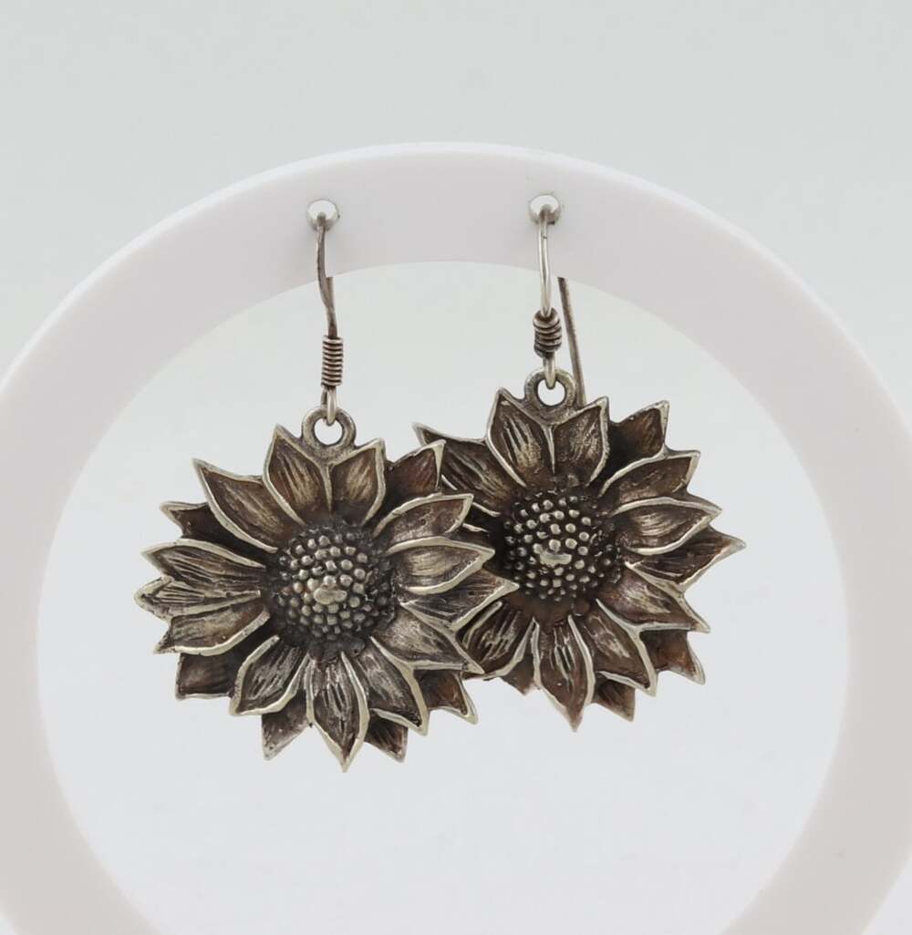 Sterling Silver Large Sunflower Flower Earrings Dangle Drop 1 1/2" X 1" inch